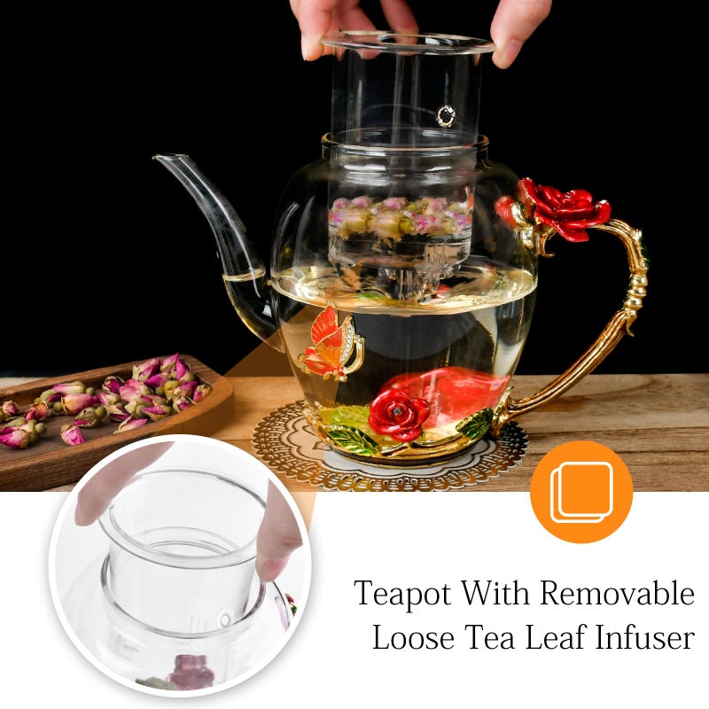OEAGO Enamel Glass Flower Tea Pot With Removable Loose Tea Leaf Infuser Tea Maker Teapot Set 30.4OZ Gifts for Women,Mom,Birthday - Image 2