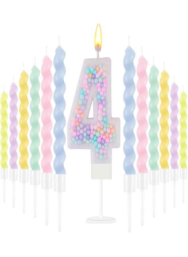 LEBERY Rainbow Number 4 Birthday Candle 3D Macaron Glitter Number 4 Candle Pastel Pink Birthday Cake Candles with 12 Pcs Long Spiral Cake Candles for Girls Boys Cakes Topper Wedding Anniversary Theme Decor - Image 1