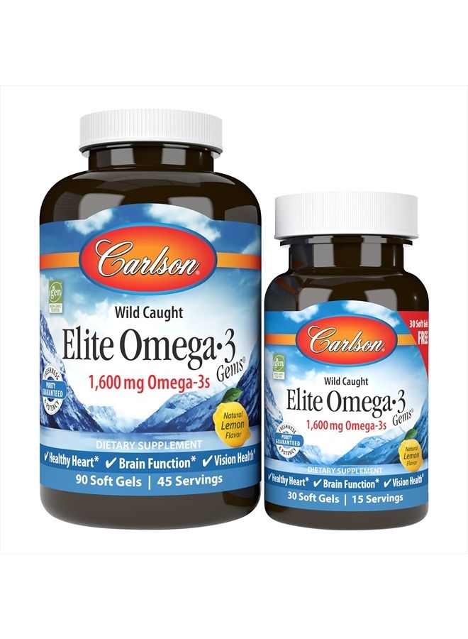 Carlson Elite Omega-3 Gems, 1600 mg Omega-3 Fatty Acids Including EPA and DHA, Norwegian Fish Oil Supplement, Wild Caught, Sustainably Sourced Capsules, Lemon, 90+30 Softgels - Image 1