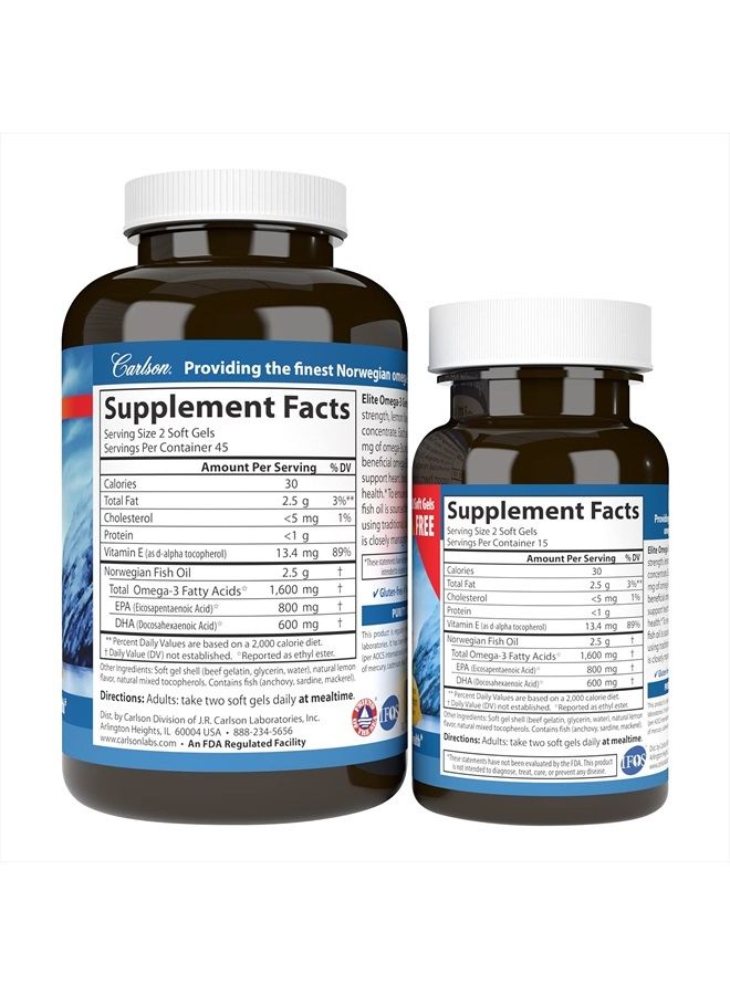 Carlson Elite Omega-3 Gems, 1600 mg Omega-3 Fatty Acids Including EPA and DHA, Norwegian Fish Oil Supplement, Wild Caught, Sustainably Sourced Capsules, Lemon, 90+30 Softgels - Image 2