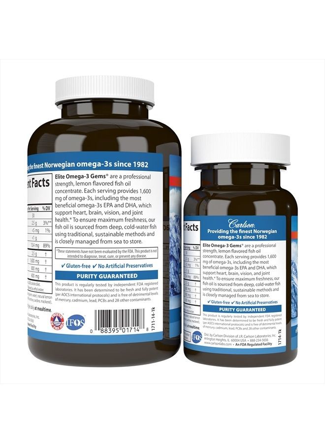 Carlson Elite Omega-3 Gems, 1600 mg Omega-3 Fatty Acids Including EPA and DHA, Norwegian Fish Oil Supplement, Wild Caught, Sustainably Sourced Capsules, Lemon, 90+30 Softgels - Image 3