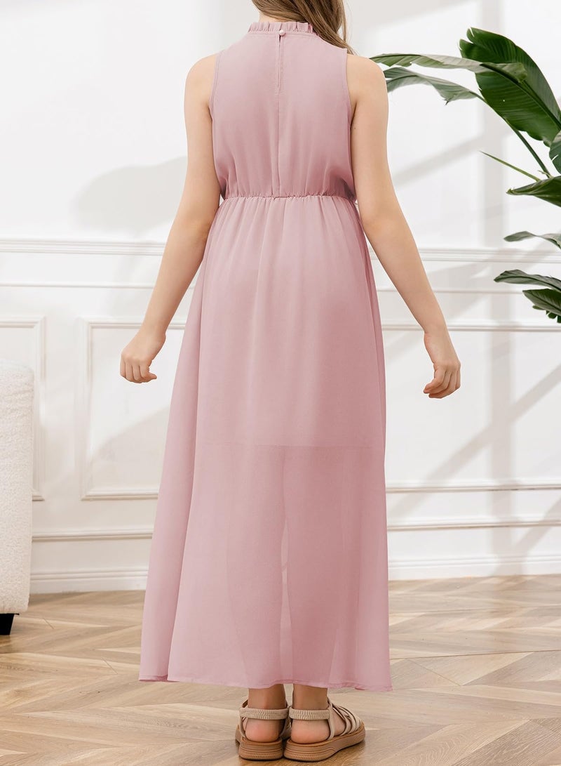 blibean Summer Girl Sleeveless Dress Kid Prom A Line Outfit Wedding Turtleneck Aline Zip Up Spring Clothes Age 14T-15T (Size 14 15 16 Year) Light Pink - Image 2