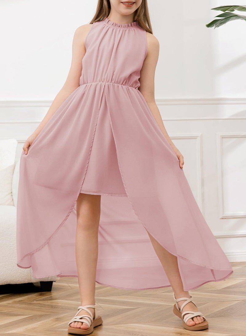 blibean Summer Girl Sleeveless Dress Kid Prom A Line Outfit Wedding Turtleneck Aline Zip Up Spring Clothes Age 14T-15T (Size 14 15 16 Year) Light Pink - Image 4