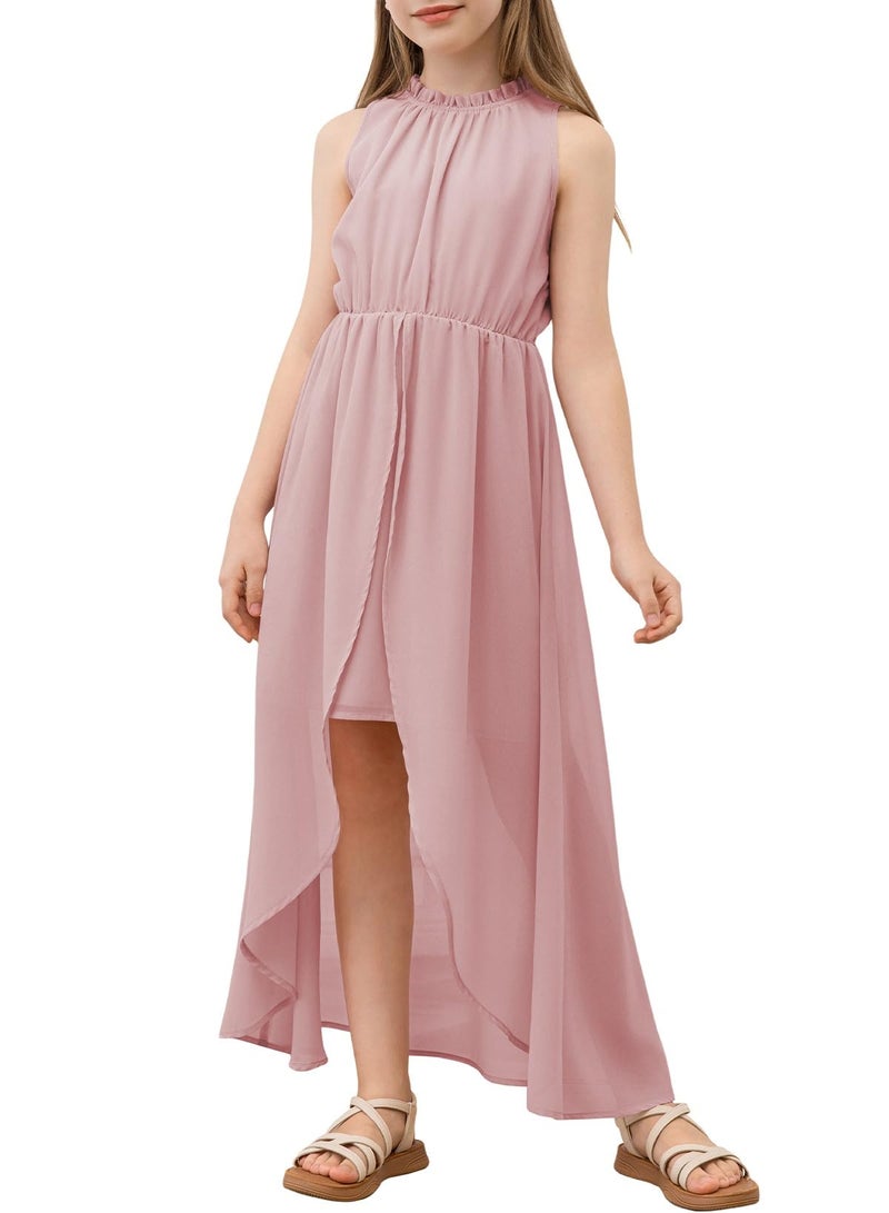 blibean Summer Girl Sleeveless Dress Kid Prom A Line Outfit Wedding Turtleneck Aline Zip Up Spring Clothes Age 14T-15T (Size 14 15 16 Year) Light Pink - Image 1