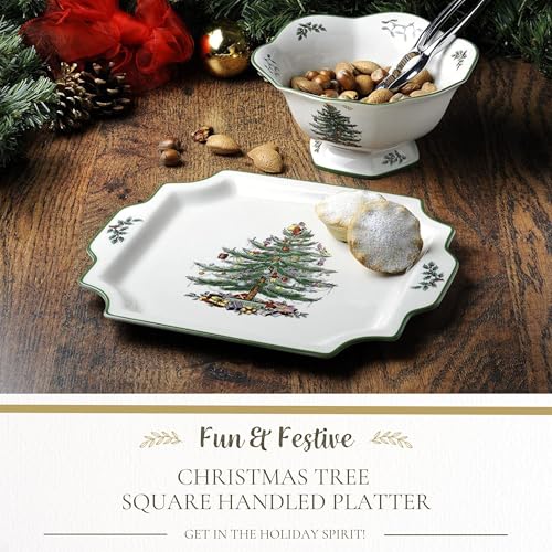 Spode Christmas Tree 12.5" Square Handled Serving Platter - Porcelain Serving Plate for Holiday Snacks, Appetizers, Buffet Displays - Microwave & Dishwasher Safe - Elegant Holiday Tableware - Image 2