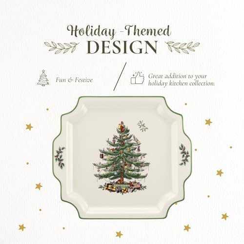 Spode Christmas Tree 12.5" Square Handled Serving Platter - Porcelain Serving Plate for Holiday Snacks, Appetizers, Buffet Displays - Microwave & Dishwasher Safe - Elegant Holiday Tableware - Image 3