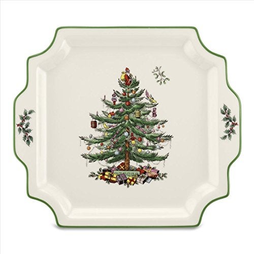 Spode Christmas Tree 12.5" Square Handled Serving Platter - Porcelain Serving Plate for Holiday Snacks, Appetizers, Buffet Displays - Microwave & Dishwasher Safe - Elegant Holiday Tableware - Image 1
