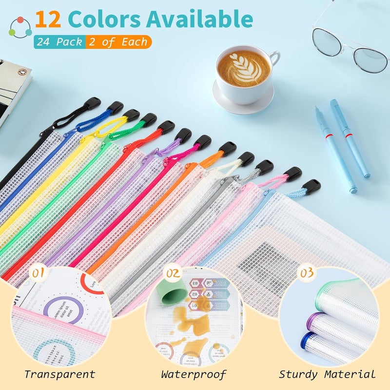 Umriox 24 Pack 12 Colors Zipper Pouches for Organizing, Letter Size, A4 Size, Zipper Bags for Puzzles & Board Game Storage, Office Supplies Travel Toiletries - Image 2