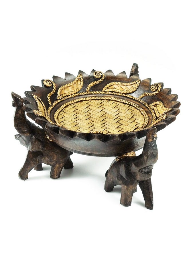 AeraVida Rejoicing Elephant Leaves Carved Rain Tree Circular Wooden Tray  - Image 1