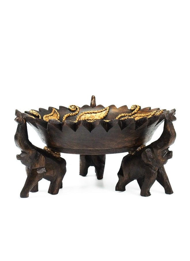 AeraVida Rejoicing Elephant Leaves Carved Rain Tree Circular Wooden Tray  - Image 2