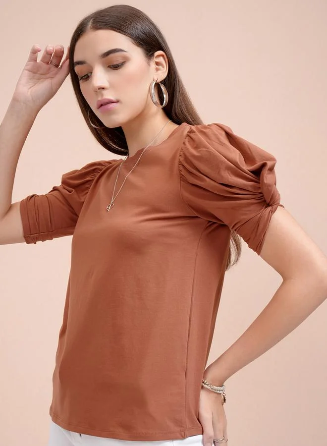 Tokyo Talkies Tokyo Talkies Solid Puff Sleeves Slim Fit T-Shirt