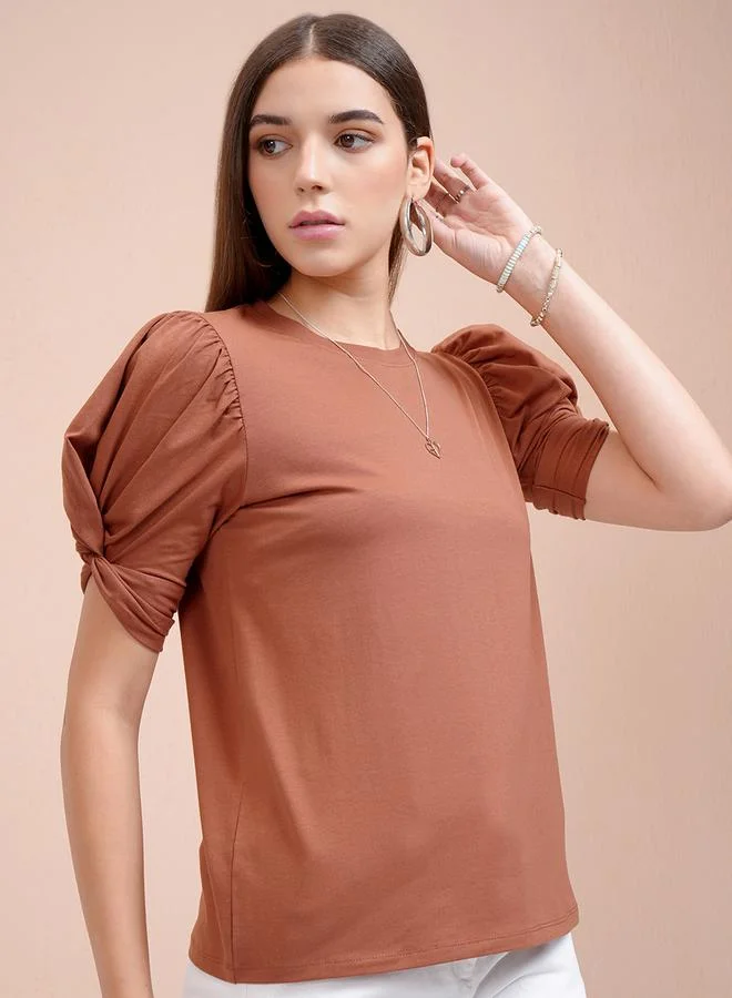 Tokyo Talkies Tokyo Talkies Solid Puff Sleeves Slim Fit T-Shirt