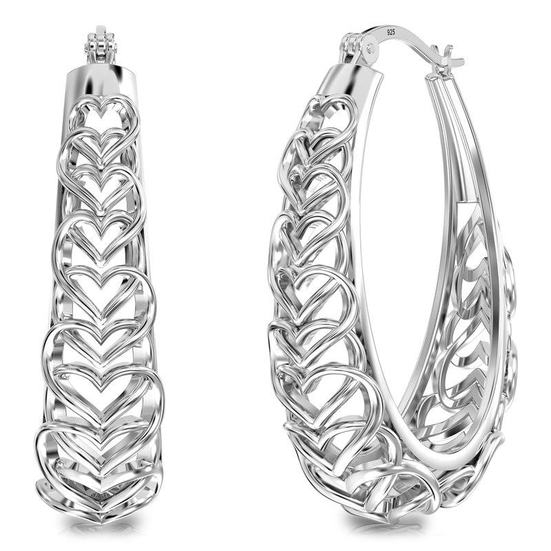 Lecalla Valentines Day Gifts 925 Sterling Silver Heart Hoop Earrings For Women | Medium Outline Filigree Heart Hoop Earring | Love Heart Linked Hoop Earring 31Mm - Image 1