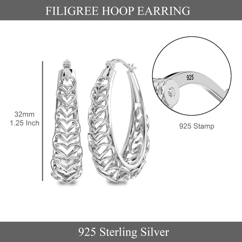 Lecalla Valentines Day Gifts 925 Sterling Silver Heart Hoop Earrings For Women | Medium Outline Filigree Heart Hoop Earring | Love Heart Linked Hoop Earring 31Mm - Image 4