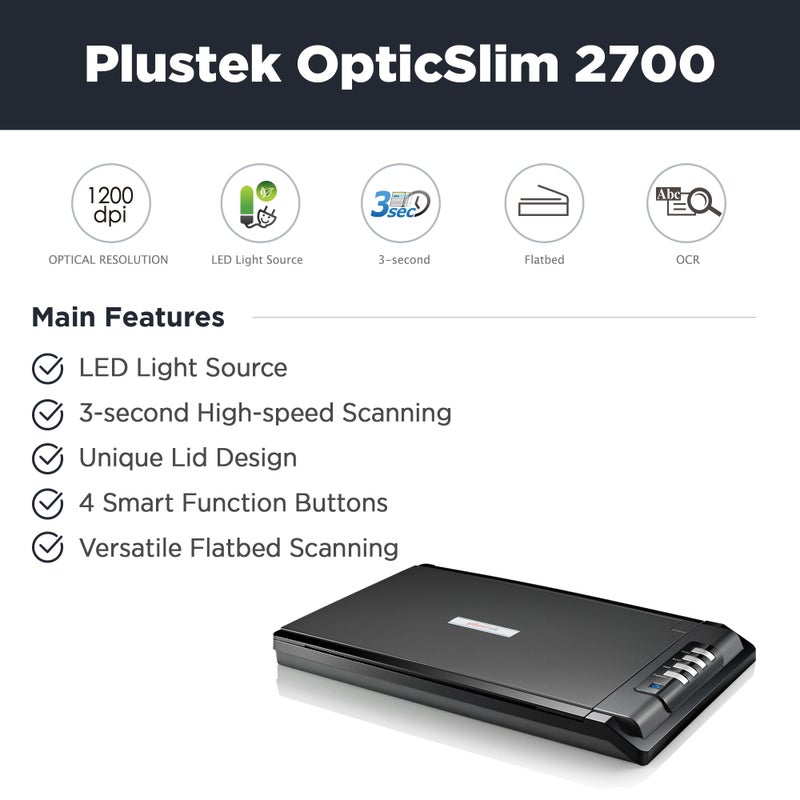 Plustek OpticSlim 2700 - High Speed Flatbed Scanner, 3sec Fast scan Speeds. Compact Design for Home and Home Office. Windows and Mac Support - Image 2