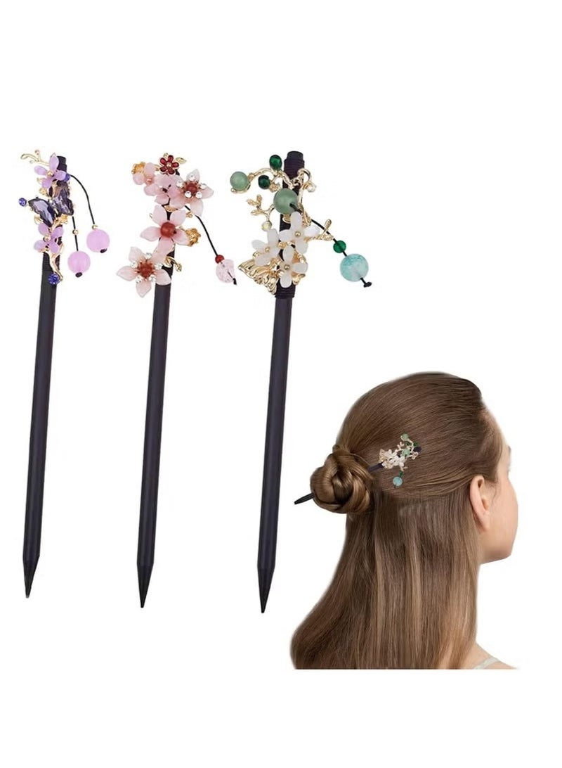 3 PACK Chinese Flower Hair Sticks Vintage Wooden Hair Pin Chinese Style Handmade Headpiece for Women Girls - Image 1