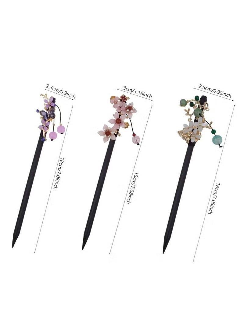 3 PACK Chinese Flower Hair Sticks Vintage Wooden Hair Pin Chinese Style Handmade Headpiece for Women Girls - Image 2