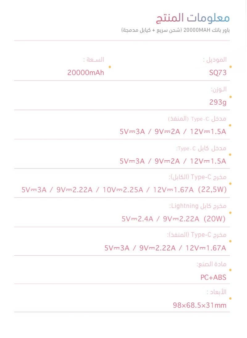 وبو شاحن متنقل SQ73 بسعة 20,000ملي لافندر - Image 2