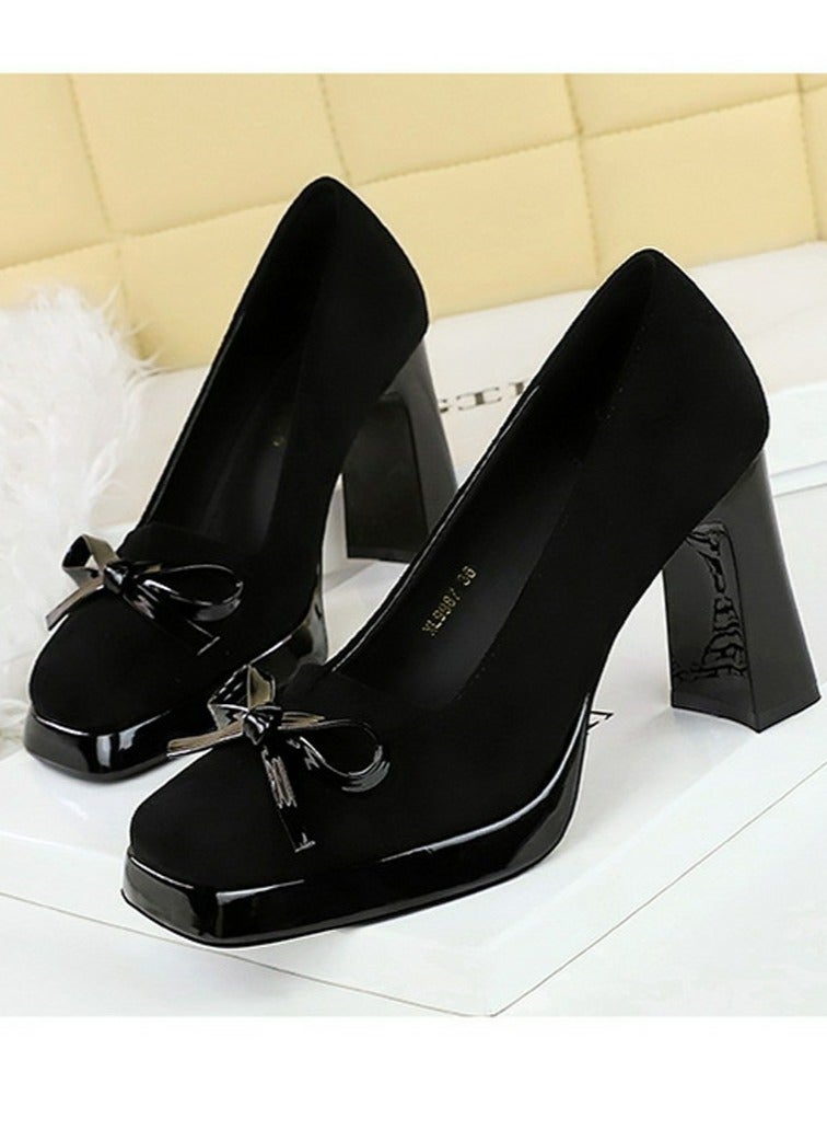 BIGTREE Womens Platform Chunky High Heels Suede Square Closed Toe Bowknot Decoration Pumps Black 9CM - Image 1