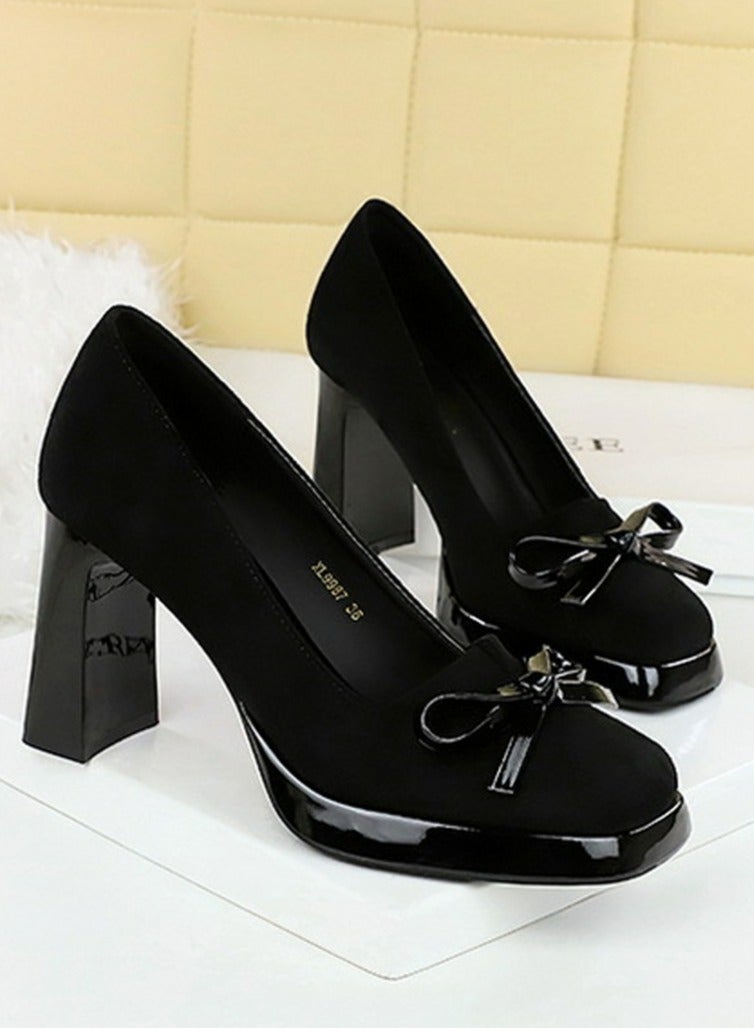 BIGTREE Womens Platform Chunky High Heels Suede Square Closed Toe Bowknot Decoration Pumps Black 9CM - Image 2