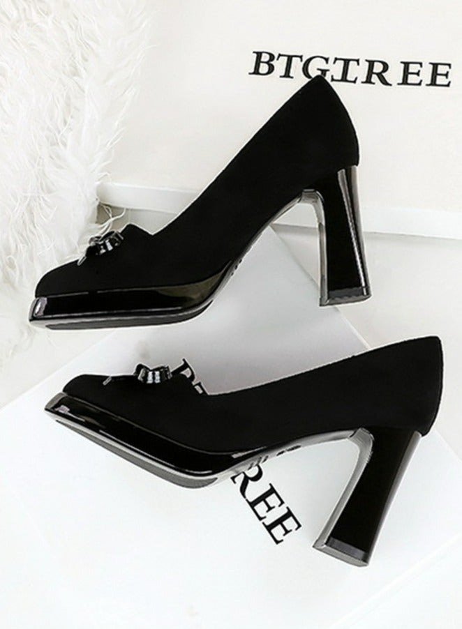 BIGTREE Womens Platform Chunky High Heels Suede Square Closed Toe Bowknot Decoration Pumps Black 9CM - Image 3