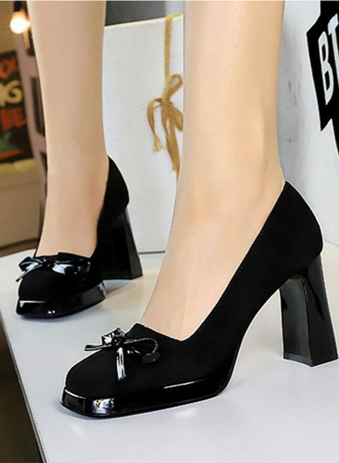 BIGTREE Womens Platform Chunky High Heels Suede Square Closed Toe Bowknot Decoration Pumps Black 9CM - Image 4