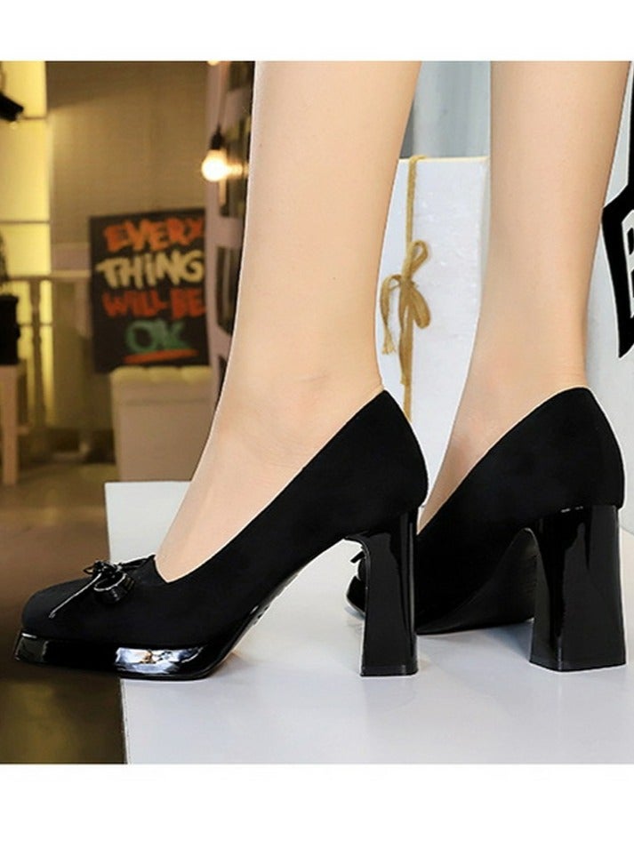 BIGTREE Womens Platform Chunky High Heels Suede Square Closed Toe Bowknot Decoration Pumps Black 9CM - Image 5
