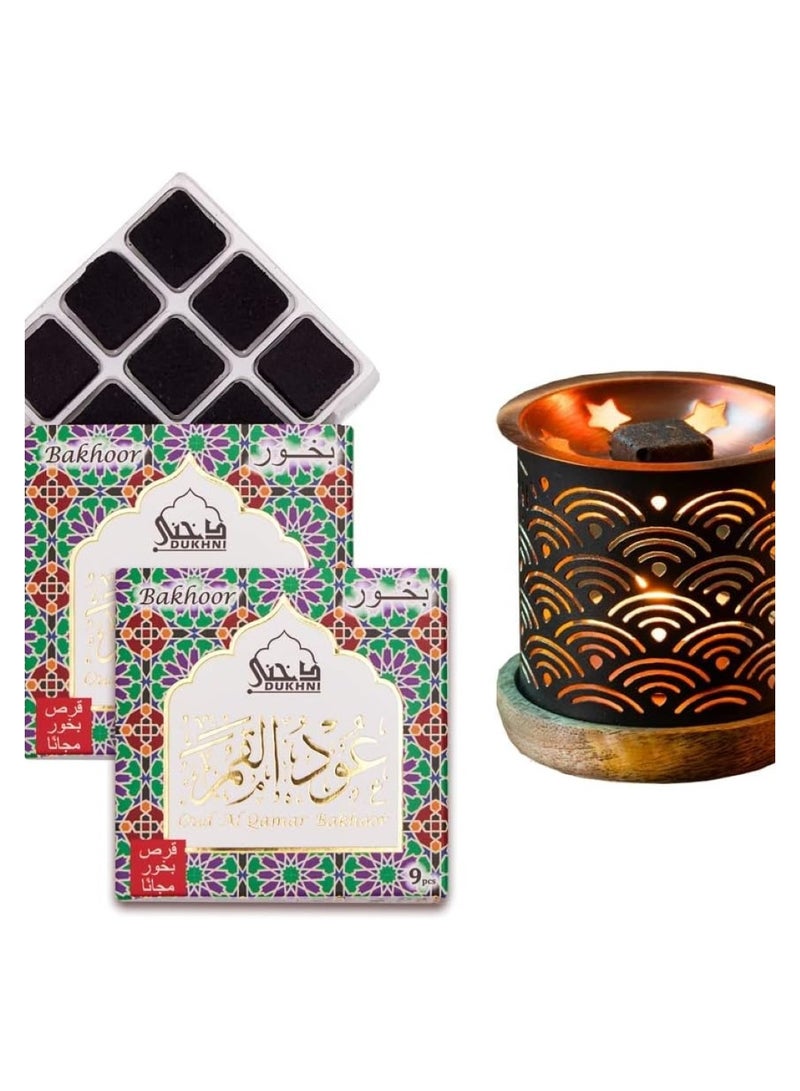 DUKHNI Oud Al Qamar Bakhoor Set | 2 x 9 Piece each & Rainbow Bakhoor Burner | Arabic Bakhoor Incense | Floral Oud Blend | Perfect for Prayer Time | To Relax & Meditate - Image 1