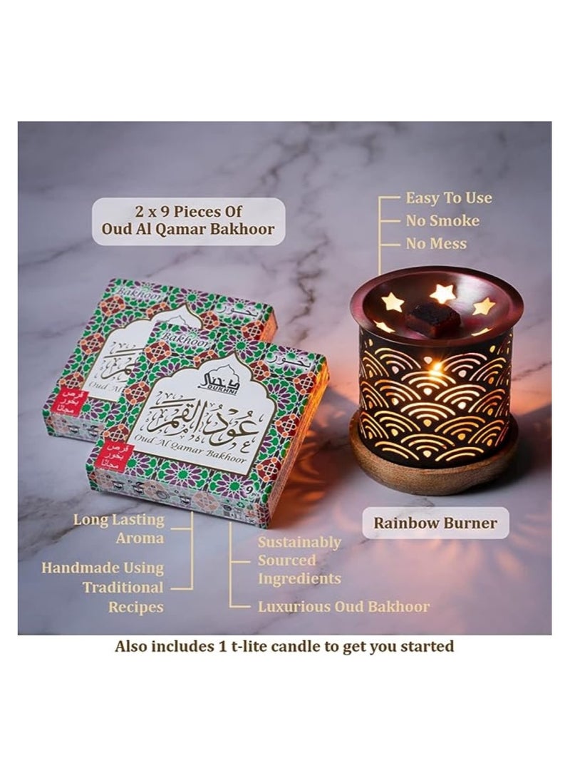 DUKHNI Oud Al Qamar Bakhoor Set | 2 x 9 Piece each & Rainbow Bakhoor Burner | Arabic Bakhoor Incense | Floral Oud Blend | Perfect for Prayer Time | To Relax & Meditate - Image 2