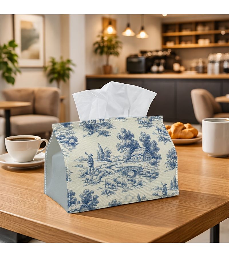 Vintage Blue Toile Tissue Box 18x11x13cm Countryside Napkin Holder - Image 1
