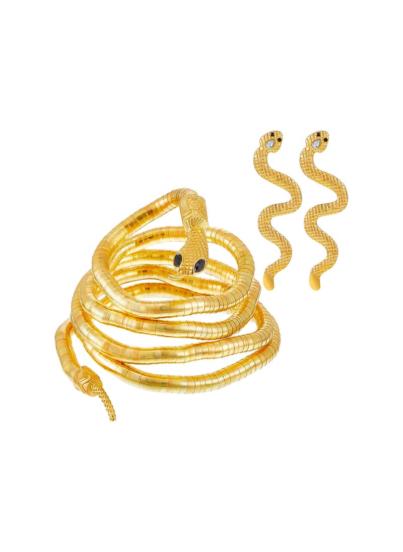 KASTWAVE - Bendable Snake Bracelet Earrings Set, Flexible Snake Bracelet Punk Snake Choker Gold Long Dangle Serpent Earrings Curved Snake Shaped Ear Studs for Hollween Party Jewelry - Image 1