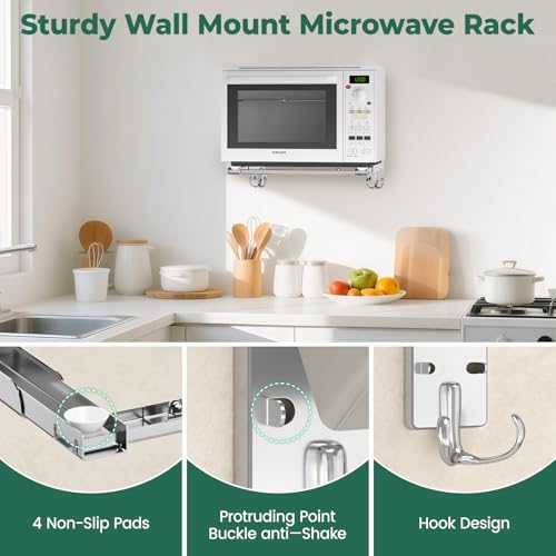 EsLuker.ly Universal Stainless Steel Microwave Oven Wall Mount Bracket with Removable Hooks, Arm Adjustable Foldable Kitchen Stretch Oven Stand Shelf Rack Load 100 lb, Silver - Image 4