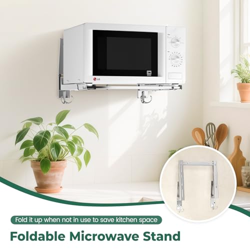 EsLuker.ly Universal Stainless Steel Microwave Oven Wall Mount Bracket with Removable Hooks, Arm Adjustable Foldable Kitchen Stretch Oven Stand Shelf Rack Load 100 lb, Silver - Image 3