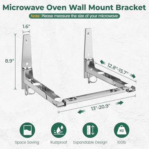 EsLuker.ly Universal Stainless Steel Microwave Oven Wall Mount Bracket with Removable Hooks, Arm Adjustable Foldable Kitchen Stretch Oven Stand Shelf Rack Load 100 lb, Silver - Image 5