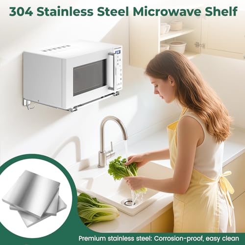 EsLuker.ly Universal Stainless Steel Microwave Oven Wall Mount Bracket with Removable Hooks, Arm Adjustable Foldable Kitchen Stretch Oven Stand Shelf Rack Load 100 lb, Silver - Image 2