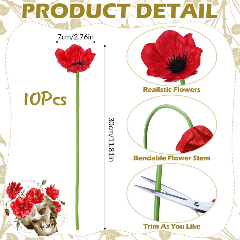 Ovveroche 10PCS Red Artificial Poppy Flowers Fake PU Floral Stems Real Touch Silk Like Wedding Memorial Day Decor Bouquet Centerpieces Home Arrangements - Image 2