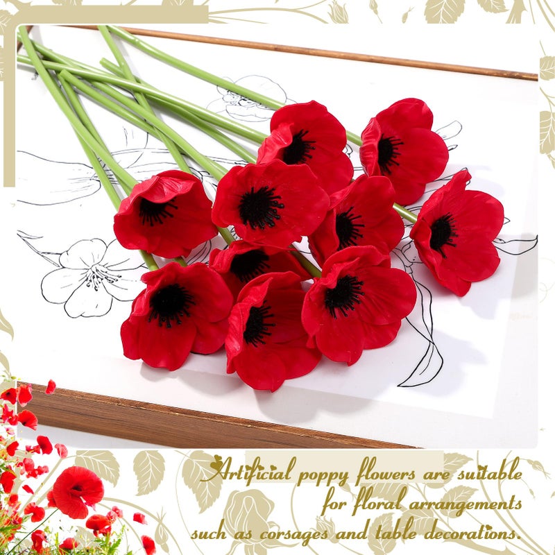 Ovveroche 10PCS Red Artificial Poppy Flowers Fake PU Floral Stems Real Touch Silk Like Wedding Memorial Day Decor Bouquet Centerpieces Home Arrangements - Image 3
