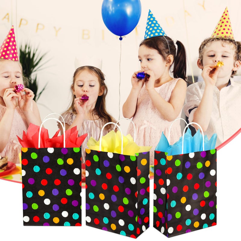 BLEWINDZ 32Pcs Small Gift Bags with Tissue - Polka Dot Black Party Gift Bags with Handles, Colorful Rainbow Paper Goodie Bag for Party Favors, Kids Birthday - Image 3