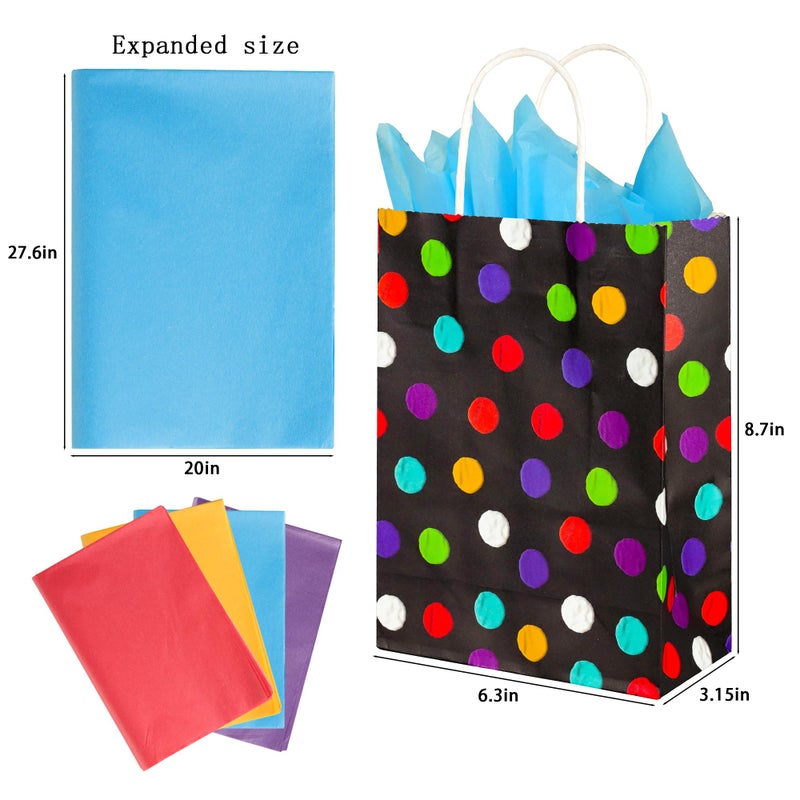 BLEWINDZ 32Pcs Small Gift Bags with Tissue - Polka Dot Black Party Gift Bags with Handles, Colorful Rainbow Paper Goodie Bag for Party Favors, Kids Birthday - Image 5