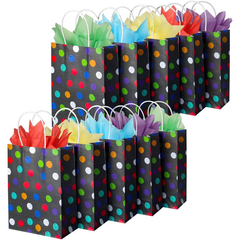 BLEWINDZ 32Pcs Small Gift Bags with Tissue - Polka Dot Black Party Gift Bags with Handles, Colorful Rainbow Paper Goodie Bag for Party Favors, Kids Birthday - Image 1