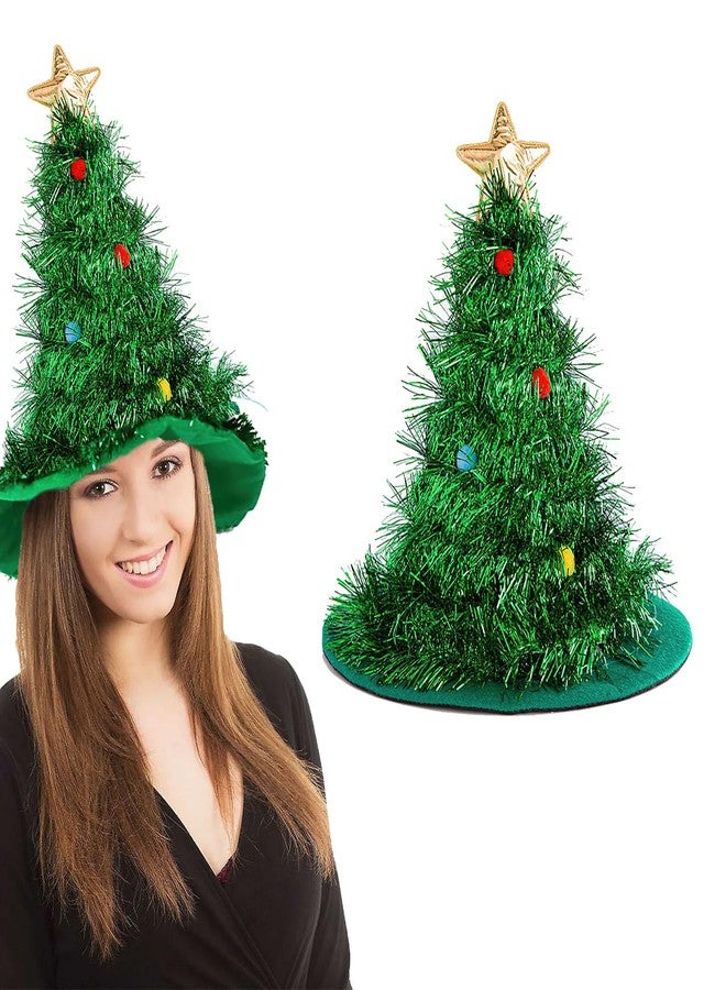 AUOCATTAIL Christmas Theme Green Tinsel Glitter Golden Five-pointed Star Christmas Tree Hats Christmas Holiday Novelty Party Costume Decoration Hat for Adults Kids - Image 1