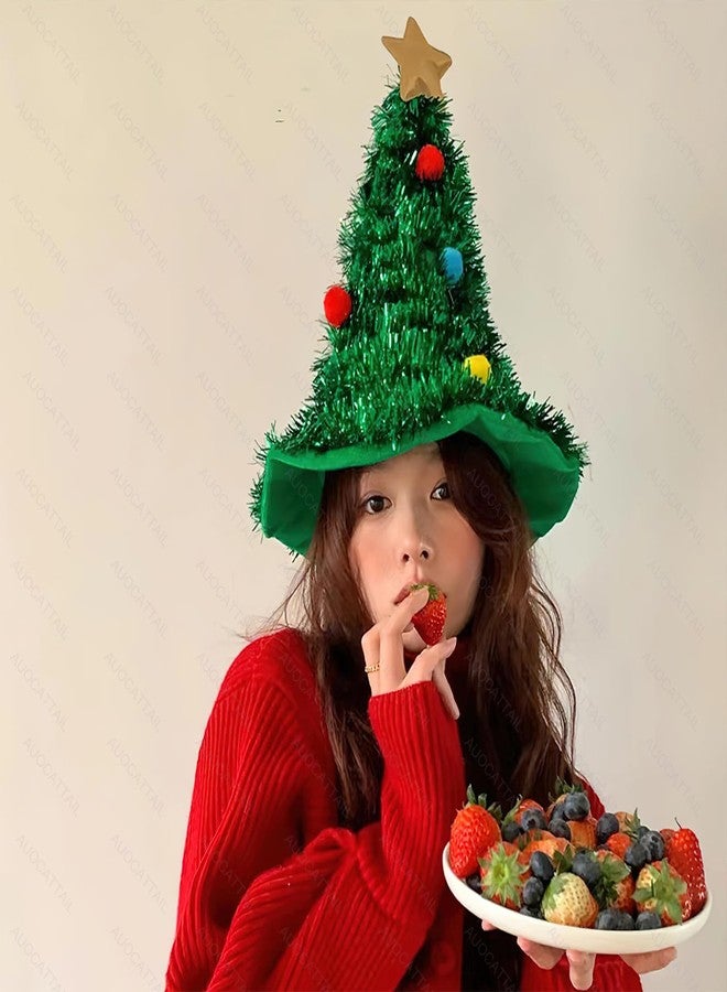 AUOCATTAIL Christmas Theme Green Tinsel Glitter Golden Five-pointed Star Christmas Tree Hats Christmas Holiday Novelty Party Costume Decoration Hat for Adults Kids - Image 5