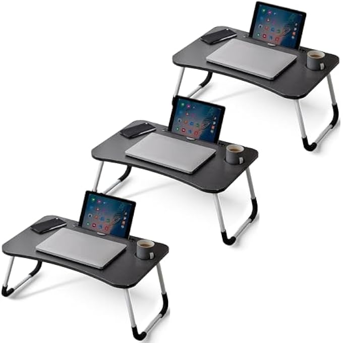 rayihni 3-PACK BLACK FOLDABLE LAPTOP TABLE WITH CUP HOLDER FOR BED, SOFA, FLOOR FOLDABLE LAPTOP TABLE, BREAKFAST SERVING BED TRAY, LAP DESK WITH FOLDABLE LEG & TABLET PHONE GROOVE - Image 1