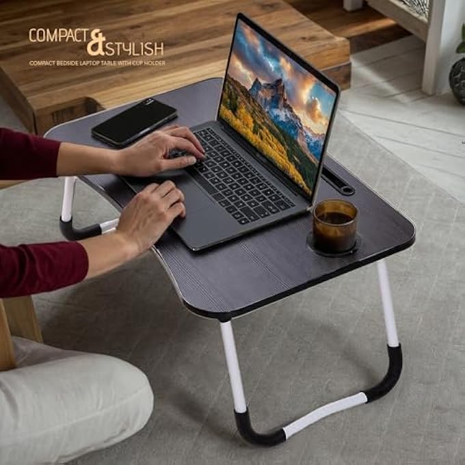rayihni 3-PACK BLACK FOLDABLE LAPTOP TABLE WITH CUP HOLDER FOR BED, SOFA, FLOOR FOLDABLE LAPTOP TABLE, BREAKFAST SERVING BED TRAY, LAP DESK WITH FOLDABLE LEG & TABLET PHONE GROOVE - Image 2