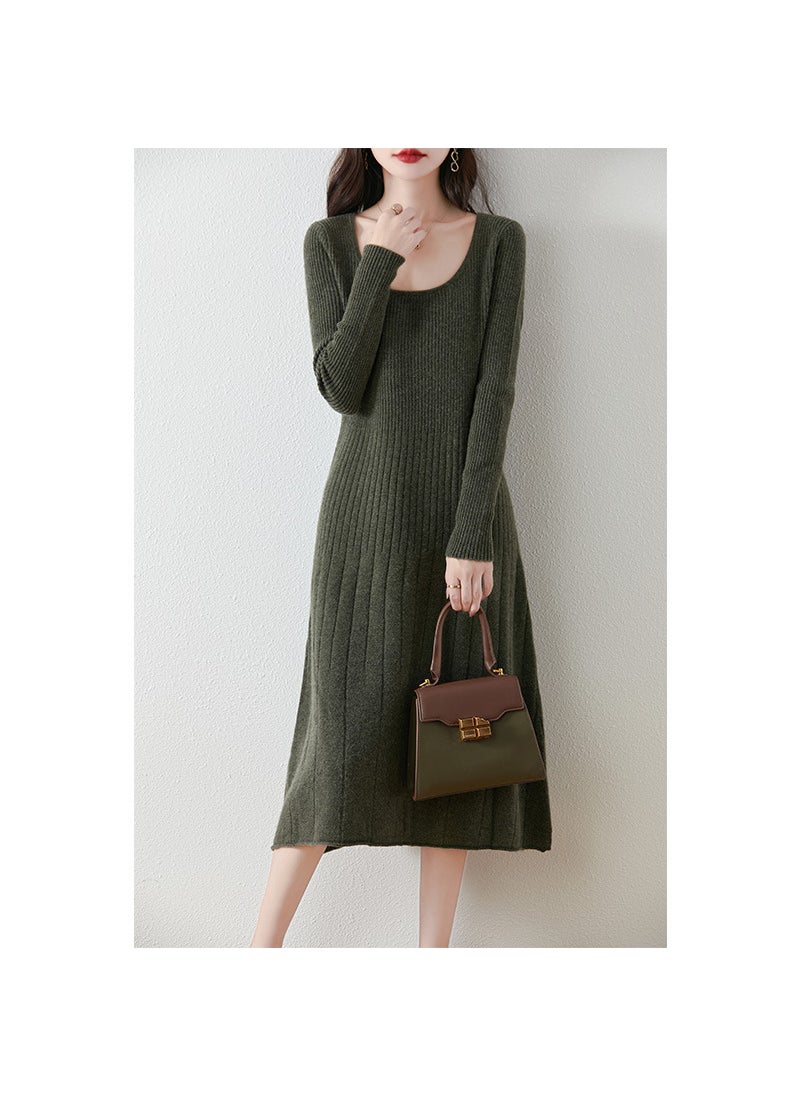 Generic Medium-Length U-Neck Wool Dress Womens Pullover Sweater Autumn/Winter Slimming Knit Base Layer Top Pure Wool Shirt Skirt Olive green  - Image 1