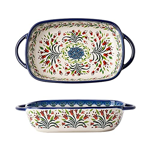Bicuzat Vintage Style Tulip Flower Pattern Ceramic Bakeware Casserole Dish Baking Pan Lasagna Pans Baking Dish with Handles for Oven/Cooking/Kitchen-1 PCS-22 OZ - Image 1