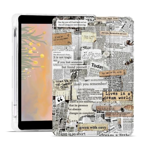JOYLAND Art Aesthetic Newspaper Collage Pad Case for 10.2 Inch iPad 9th/7th/8th Generation with Pencil Holder, Foldable for iPad 2021/2020/2019 Trendy Retro Leather Protective Cover, Auto Wake/Sleep - Image 1
