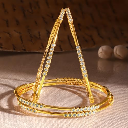 Rubans Set of 4, 22K Gold-Plated & Cubic Zirconia Studded Handcrafted Bangles | Elegant Wedding & Festive Jewelry - Image 3