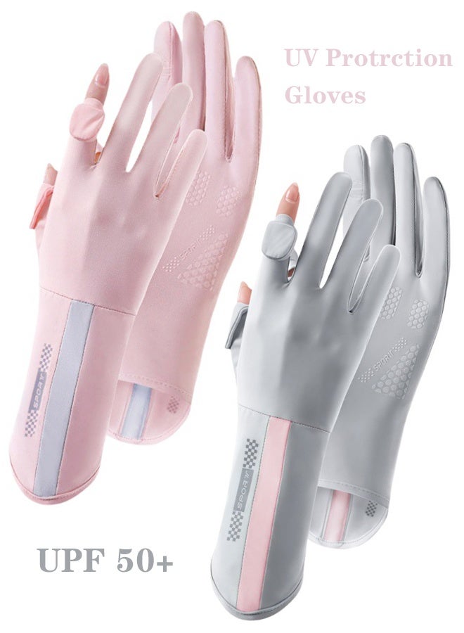 2 Pairs Women's Gloves, Driving Gloves, Non-Slip Sun Protection Summer Uv Protection Long Gloves(Gray+Pink) - Image 1