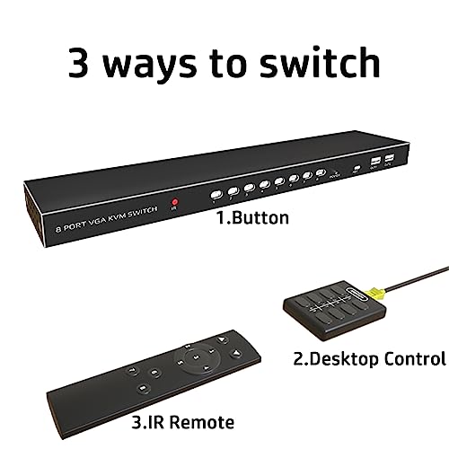 DiamondTiger 8-Port VGA KVM Switch, KVM Switcher for 8 Computers Share 1 Monitor and 4 USB 2.0 Devices, Supports Keyboard Mouse Printer Scanner, Driver-Free for All OS, with 8 VGA Cables & IR Remote - Image 5